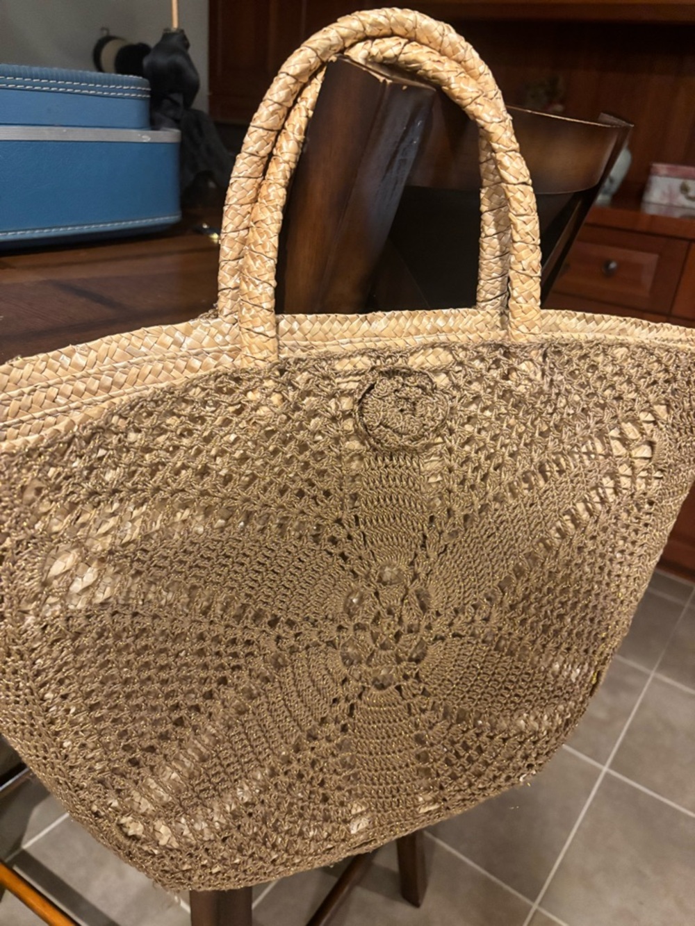 Coldwater Creek Gold Wicker Handbag Straw Crocheted Beach Bag Tote Double handle - Picture 4 of 7